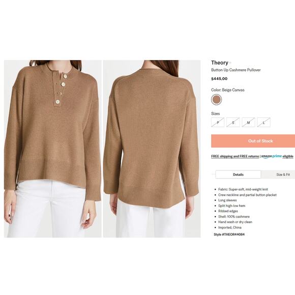Theory Button Up 100% Cashmere Crew Neck Sweater in Beige Canvas Color XS $445 - Picture 4 of 12
